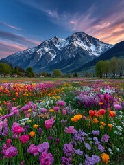 Vibrant mountain meadow at dawn
