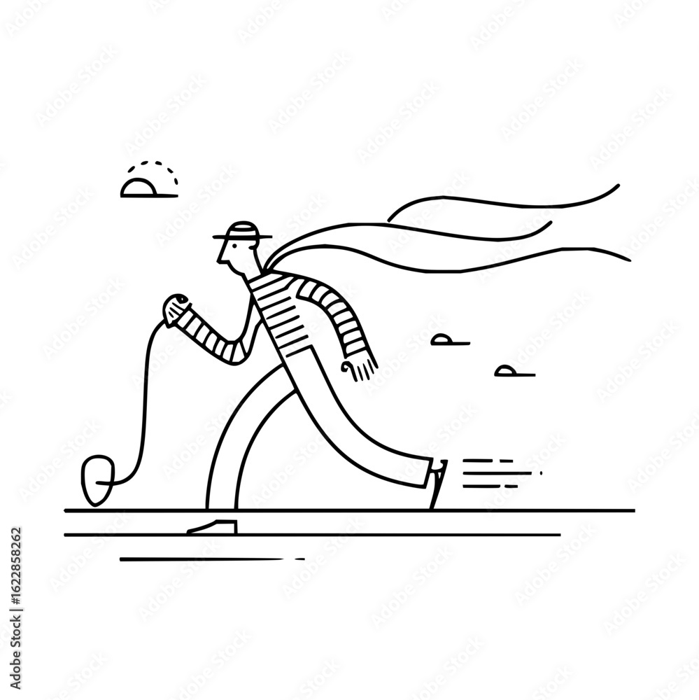 Poster man running with a microphone on a beach with a hat and striped shirt for tech