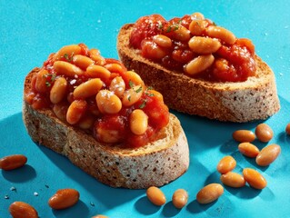 Two slices of toasted bread topped with beans and tomato sauce