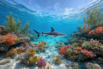 Shark in vibrant coral reef