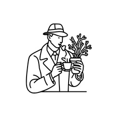Line art of man in hat smoking pipe drinking coffee holding plant pot outline art drawing vector image