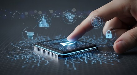 Hand activating AI microchip; futuristic technology, cybersecurity, e-commerce, and urban development concepts.
