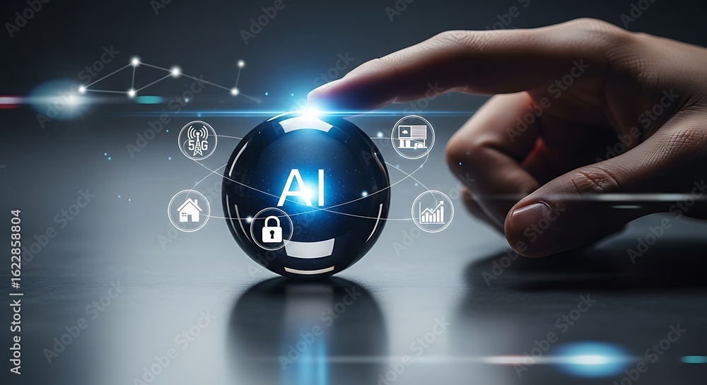 Poster hand interacting with futuristic ai sphere: smart home, 5g, security, and data analytics concepts.