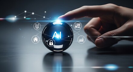 Hand Interacting with Futuristic AI Sphere: Smart Home, 5G, Security, and Data Analytics Concepts.