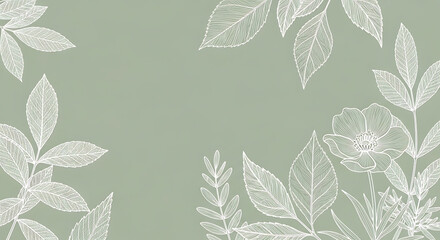 Elegant floral pattern with white leaves and flowers on a soft green background, botanical design element for cards