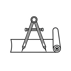 Black and White Line Drawing of Drawing Compass on Unrolled Scroll Representing Technical Drafting, Architecture, and Engineering Tools