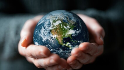 Fototapeta premium Earth rests gently in cupped hands, symbolizing care, responsibility, and the future of our fragile planet.
