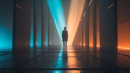 Lone figure stands in a futuristic hallway illuminated by dramatic orange and blue spotlights