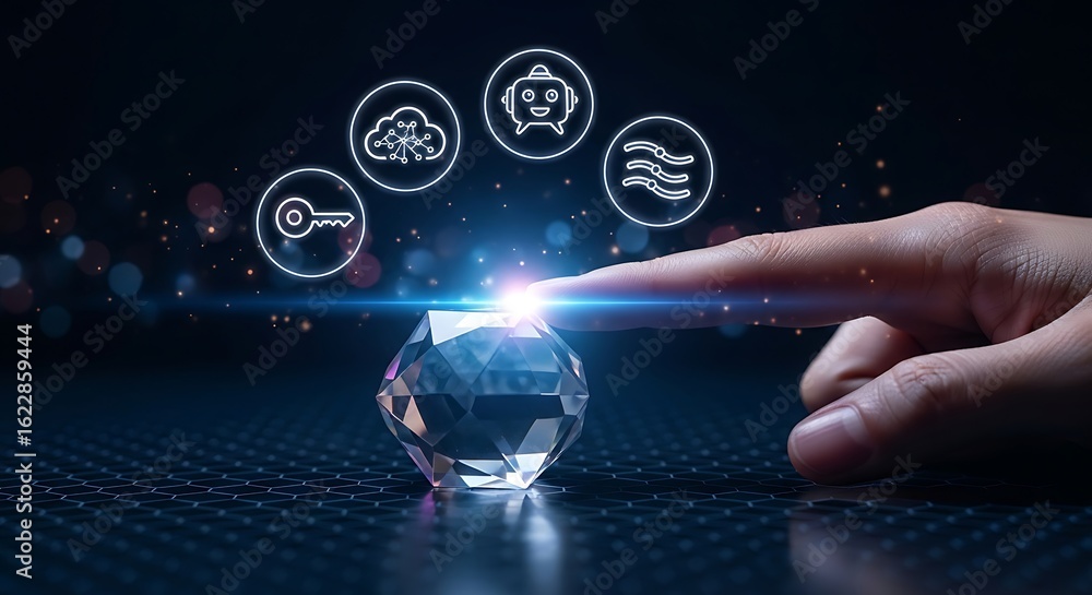Poster hand activating digital key unlocking futuristic crystal data security system; ai, cloud, network ic