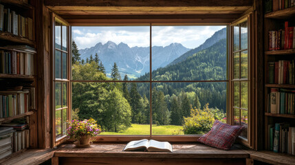 Digital transformation strategies for modernizing business concept. Scenic bookshelf background in home office concept. View from a cozy window overlooking serene mountain landscape.