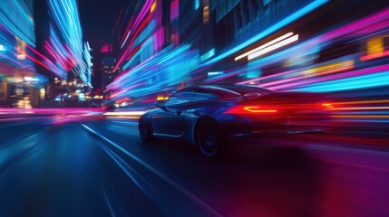 Dynamic Car Speeding Through Neon Cityscape: Motion Blur and Vibrant Lights