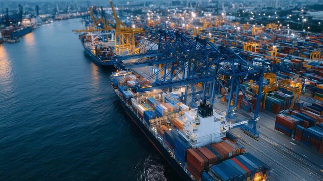 Explore the future of maritime logistics with a drone view of an offshore container terminal featuring autonomous vehicles, cranes, and ships.