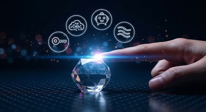 Hand activating digital key unlocking futuristic crystal data security system; AI, cloud, network icons.