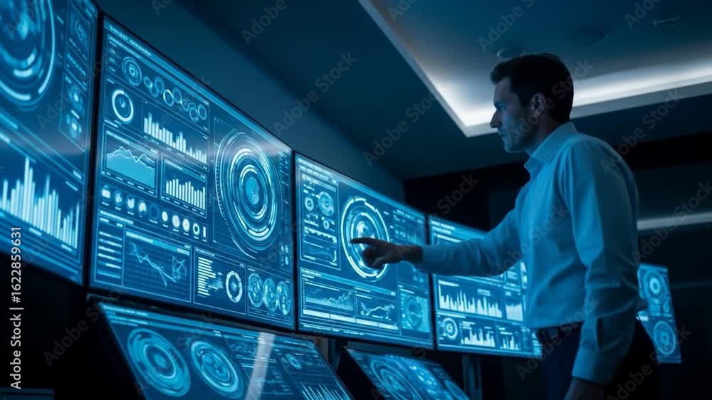 Poster analyst interacting with futuristic data visualization screens