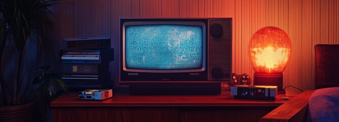 Retro TV viewer and game console with VHS video recordings and a luminous camera in an indoor room of interest and other entertainment and retro technology