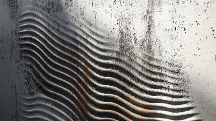 Textured concrete surface features abstract wavy pattern with shadows and weathered appearance, creating dynamic visual effect. interplay of light and texture adds depth and interest