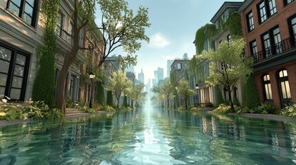Urban canal, lush foliage