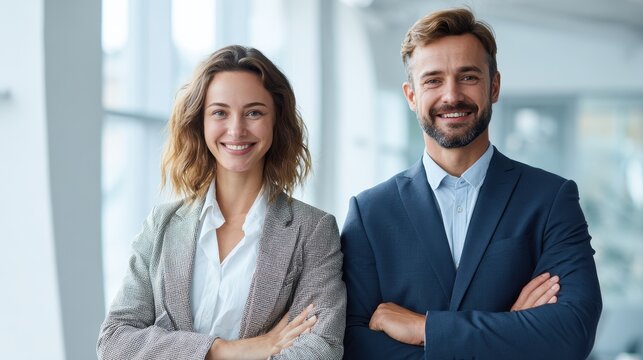 Confident diverse business couple in formal attire, standing in modern office interior, clean bright background with large windows, soft daylight, elegant corporate style