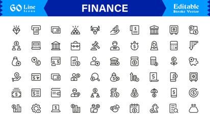 Finance Icon Set Featuring Banking, Investment, Currency, and Money Symbols in Clean Vector Style