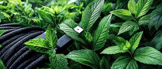 USB cable amidst vibrant mint leaves