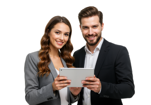 Two smiling business professionals stand side by side, reviewing a tablet. The woman in a beige blazer and the man in a gray suit exude teamwork.
