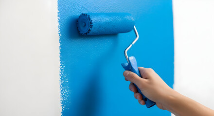 Painting walls with blue paint using roller home improvement