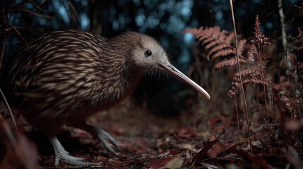 A kiwi bird foraging in the forest undergrowth with ferns and leaves in a dimly lit environment