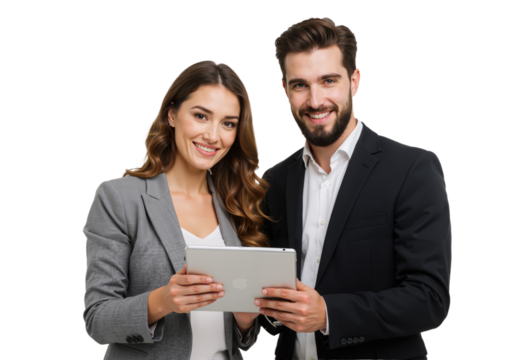 Two smiling business professionals stand side by side, reviewing a tablet. The woman in a beige blazer and the man in a gray suit exude teamwork. - Powered by Adobe