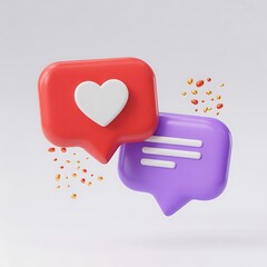 3D Render:  Red and Purple Speech Bubbles with Heart and Message Icons, Light Background, Playful Mood