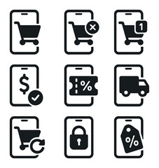 Mobile Shopping Icons. olid, filled icons set of mobile shopping carts: cart icon, remove item, quantity