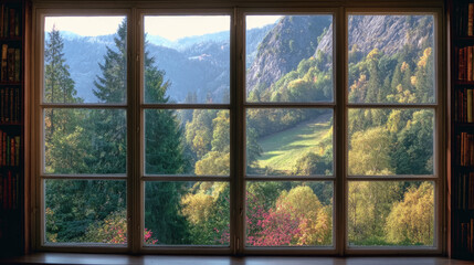 Scenic bookshelf background in home office concept. View of serene mountains through a cozy window with books.