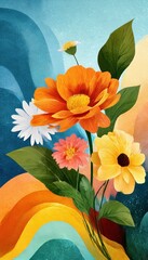 Vibrant floral art with abstract waves
