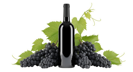 Wine Bottle Presents with Grapes and Leaves on Transparent Background in 3D Rendering