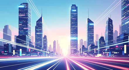 Obraz premium Modern city skyline with skyscrapers and light trails on the street at dusk