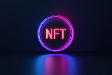 NFT neon sign with glowing blue and pink light represents digital art, modern crypto investment and blockchain technology trend.