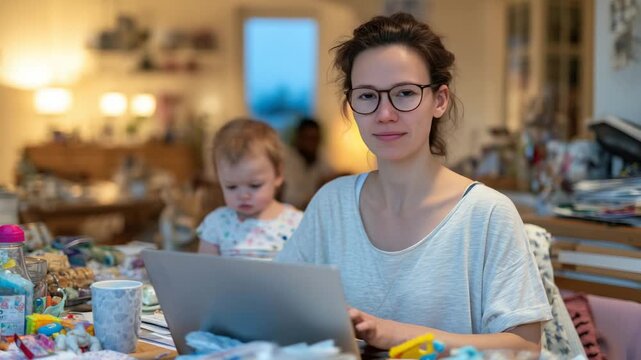 A multitasking parent juggles remote work and childcare amidst a dining table cluttered with toys and snacks.