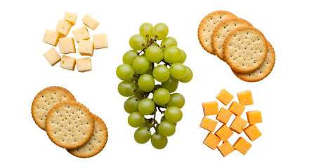 Appetizing Cheese Cubes, Green Grapes, and Round Crackers Displayed on Transparent Background