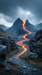 Volcanic lava flow through mountains