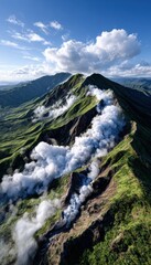 Volcanic mountain range erupting with steam