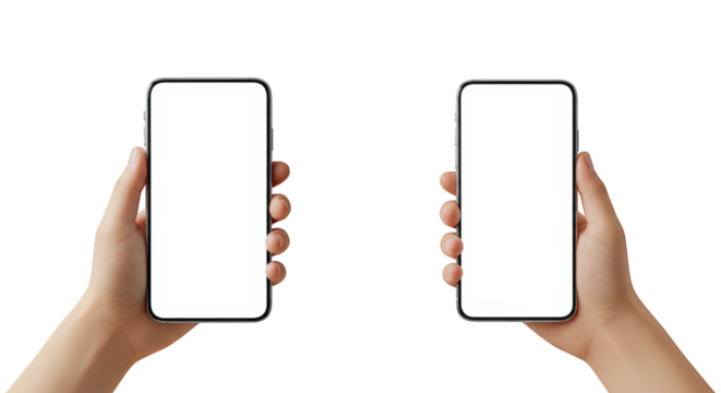 Two Hands Holding Smartphones with Blank Screens for Mockups