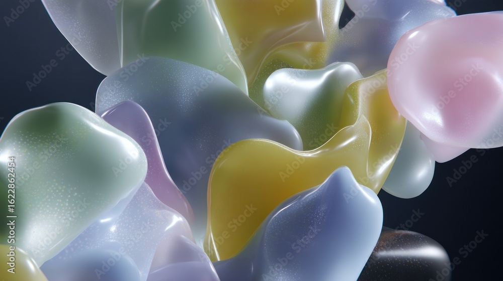 Poster a close up view of abstract pastel colored blobs with smooth and shiny surfaces on a dark background
