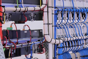 View from the back of the electrical panel. Connection of electronic modules using copper electrical wires. Fixed with plastic ties. 