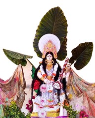 Traditional Saraswati Idol with Floral Garland and Decorative Crown for Vasant Panchami Hindu...