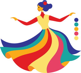Obraz premium Vibrant Rainbow Dress: Colorful Woman Dancing Illustration
