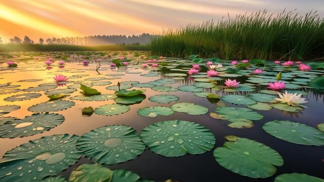 Wide Shot of Lotus Pond at Sunrise, Low Angle, Still Water Reflections, Orange Sky, Reeds and Trees Border