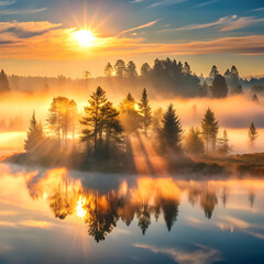 Obraz premium Golden sunbeams pierce misty forest and calm water