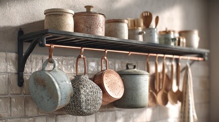 Rustic Kitchen Utensil Storage: An Arrangement of Pots, Pans, and Wooden Spoons
