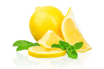 Whole lemon with slices and mint leaves on a white background.