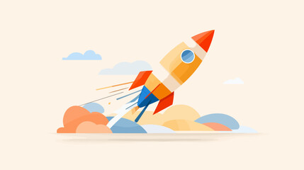 Colorful rocket launching into the sky with clouds in background  