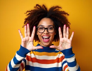 Excited young woman with curly hair and glasses holds up ten fingers against a vibrant orange background